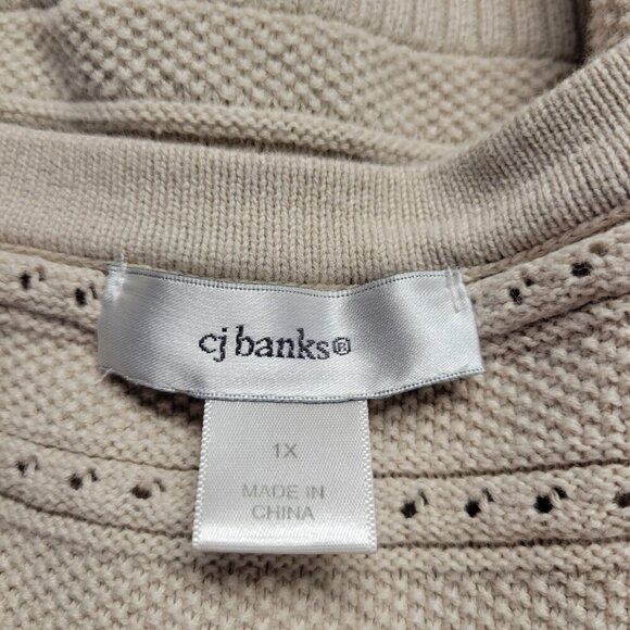 CJ Banks 1X Beige Crewneck Quarter Sleeve Clear Gem Button Up Knit Cardigan - Picture 10 of 12